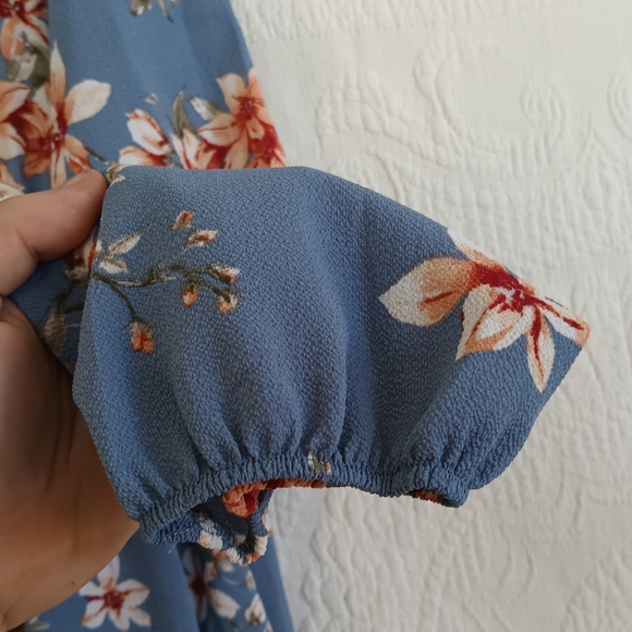 Perfect Peach Blue Babydoll Dress Floral Long Sleeve Crochet Waist Romantic Plus - Picture 6 of 12